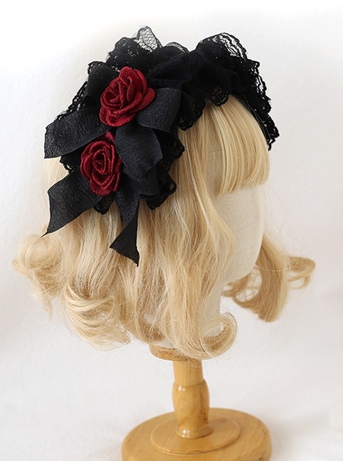 Gorgeous Noble Doll Sense Black Lace 3D Red Rose Halloween Gothic Lolita Hair Accessory Hairband KC