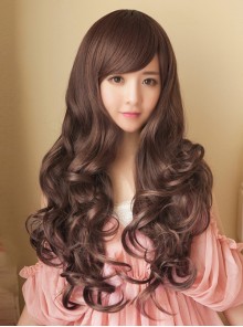 Japanese Style Natural Big Wavy Long Curls Cute Oblique Bangs Pear Blossom Head Kawaii Fashion Full Head Wig