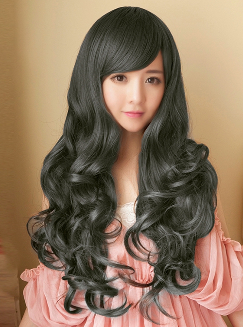 Japanese Style Natural Big Wavy Long Curls Cute Oblique Bangs Pear Blossom Head Kawaii Fashion Full Head Wig