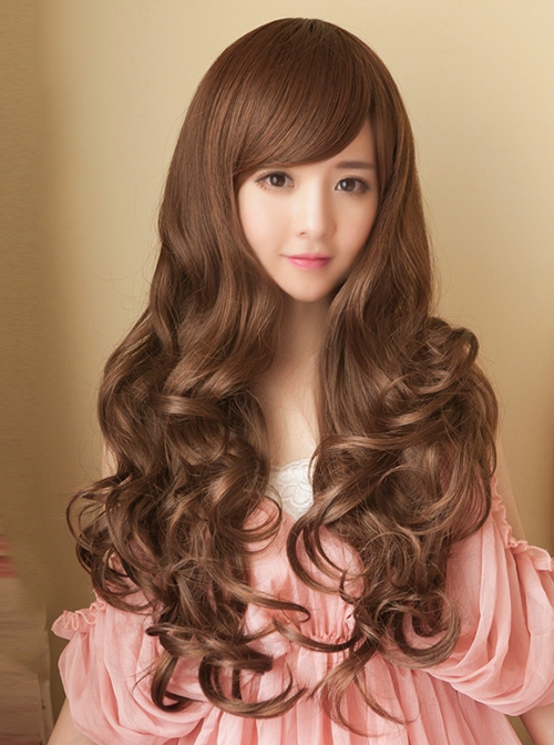 Japanese Style Natural Big Wavy Long Curls Cute Oblique Bangs Pear Blossom Head Kawaii Fashion Full Head Wig