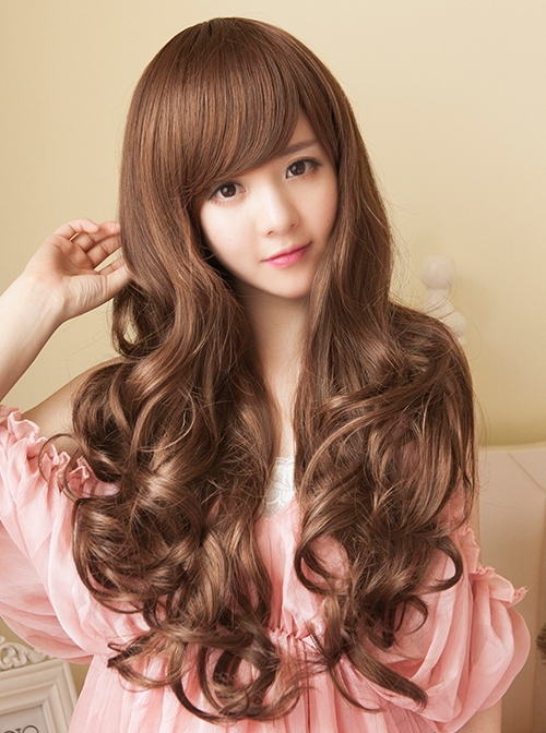 Japanese Style Natural Big Wavy Long Curls Cute Oblique Bangs Pear Blossom Head Kawaii Fashion Full Head Wig