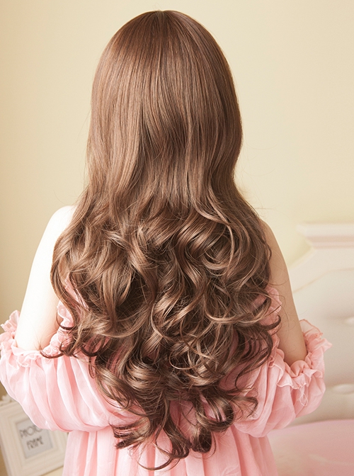 Japanese Style Natural Big Wavy Long Curls Cute Oblique Bangs Pear Blossom Head Kawaii Fashion Full Head Wig