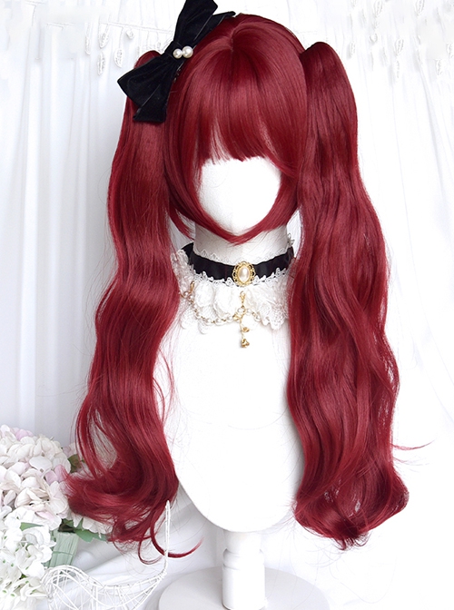 Accented Rose Series Raspberry Red Comic Feeling Sweet Lolita Long Roll Cute Double Ponytail Tiger Mouth Clip Wig