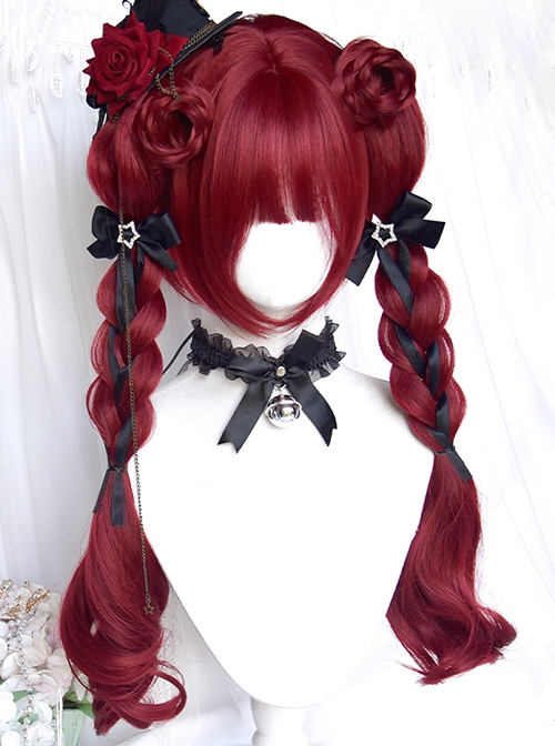 Accented Rose Series Raspberry Red Comic Feeling Sweet Lolita Long Roll Cute Double Ponytail Tiger Mouth Clip Wig