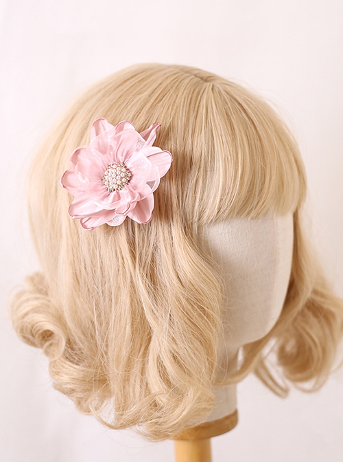 Elegant Fresh Curled 3D Organza Flowers Pearl Diamond Stamens Classic Lolita Hanamaru Hairpin Brooch