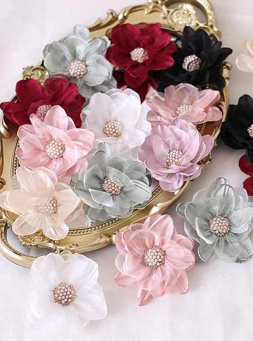 Elegant Fresh Curled 3D Organza Flowers Pearl Diamond Stamens Classic Lolita Hanamaru Hairpin Brooch