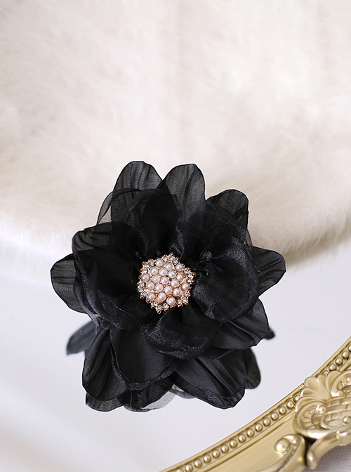 Elegant Fresh Curled 3D Organza Flowers Pearl Diamond Stamens Classic Lolita Hanamaru Hairpin Brooch