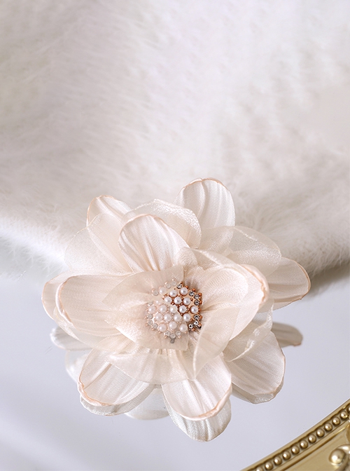 Elegant Fresh Curled 3D Organza Flowers Pearl Diamond Stamens Classic Lolita Hanamaru Hairpin Brooch