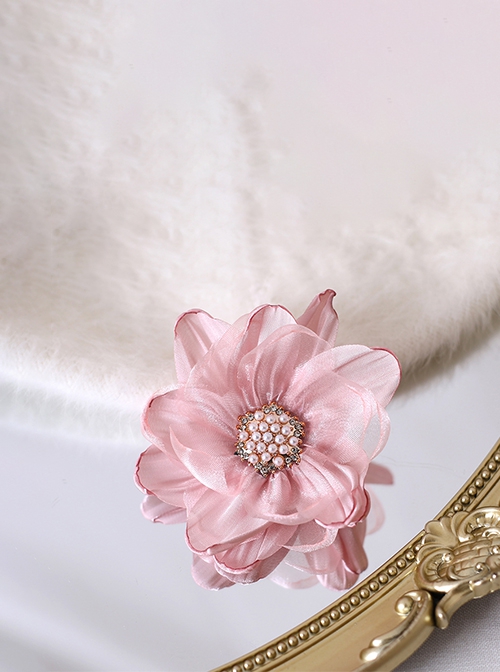 Elegant Fresh Curled 3D Organza Flowers Pearl Diamond Stamens Classic Lolita Hanamaru Hairpin Brooch