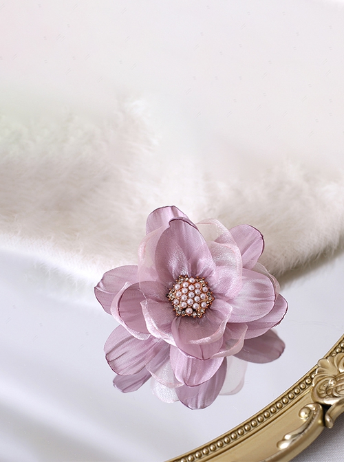 Elegant Fresh Curled 3D Organza Flowers Pearl Diamond Stamens Classic Lolita Hanamaru Hairpin Brooch