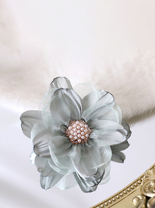 Elegant Fresh Curled 3D Organza Flowers Pearl Diamond Stamens Classic Lolita Hanamaru Hairpin Brooch