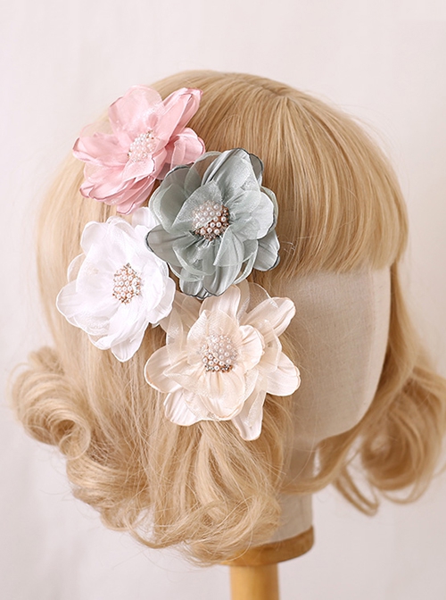 Elegant Fresh Curled 3D Organza Flowers Pearl Diamond Stamens Classic Lolita Hanamaru Hairpin Brooch