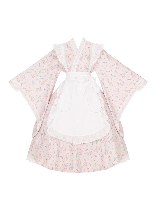 Hanamachi Chronicles Series Japanese Style Pink Kimono Elements Maid Garden Rabbit Printed Classic Lolita Apron Dress Set