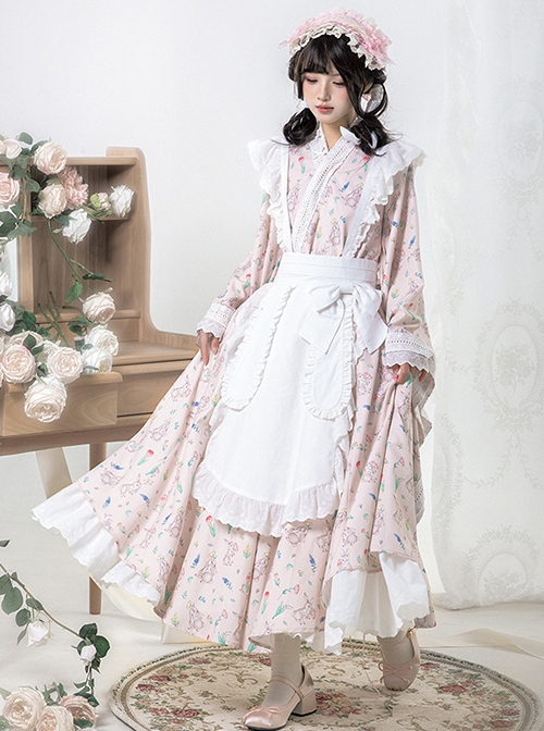 Hanamachi Chronicles Series Japanese Style Pink Kimono Elements Maid Garden Rabbit Printed Classic Lolita Apron Dress Set