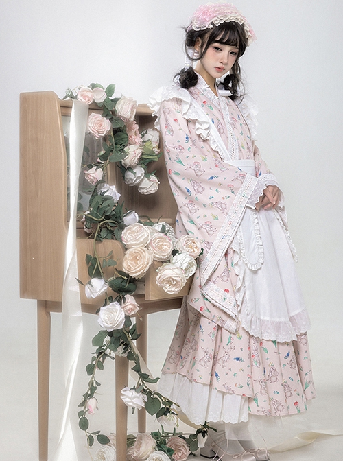 Hanamachi Chronicles Series Japanese Style Pink Kimono Elements Maid Garden Rabbit Printed Classic Lolita Apron Dress Set