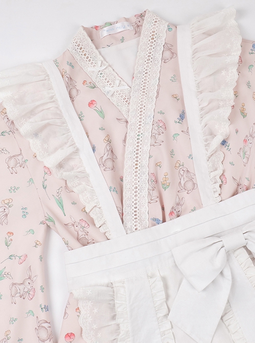 Hanamachi Chronicles Series Japanese Style Pink Kimono Elements Maid Garden Rabbit Printed Classic Lolita Apron Dress Set