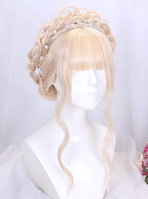 Light Golden Long Curly Hair Classic Lolita Sweet Lolita Flat Bangs Full Head Elegant Royal Braid Modeling Wig