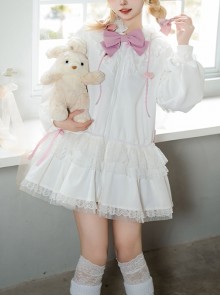 Pink White Spring Daily Bowknot Tie Sweet Lolita Hooded Long Bunny Ear Lace Ruffles Tutu Skirt Long Sleeves Coat