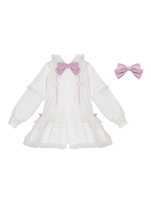 Pink White Spring Daily Bowknot Tie Sweet Lolita Hooded Long Bunny Ear Lace Ruffles Tutu Skirt Long Sleeves Coat