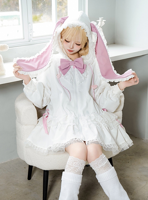 Pink White Spring Daily Bowknot Tie Sweet Lolita Hooded Long Bunny Ear Lace Ruffles Tutu Skirt Long Sleeves Coat