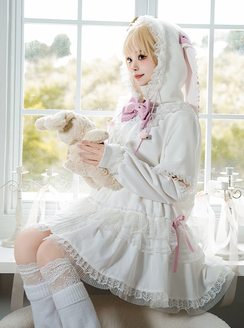 Pink White Spring Daily Bowknot Tie Sweet Lolita Hooded Long Bunny Ear Lace Ruffles Tutu Skirt Long Sleeves Coat