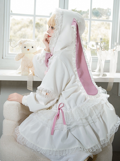 Pink White Spring Daily Bowknot Tie Sweet Lolita Hooded Long Bunny Ear Lace Ruffles Tutu Skirt Long Sleeves Coat