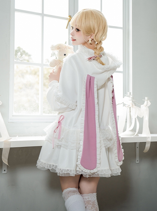 Pink White Spring Daily Bowknot Tie Sweet Lolita Hooded Long Bunny Ear Lace Ruffles Tutu Skirt Long Sleeves Coat