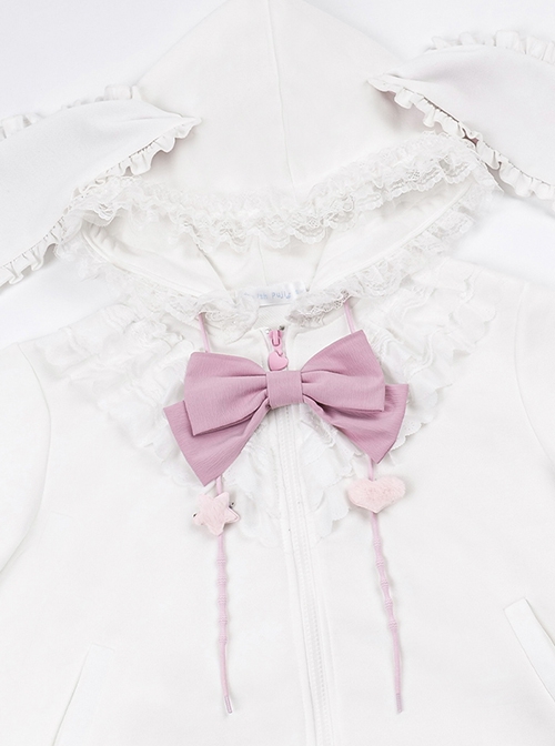 Pink White Spring Daily Bowknot Tie Sweet Lolita Hooded Long Bunny Ear Lace Ruffles Tutu Skirt Long Sleeves Coat