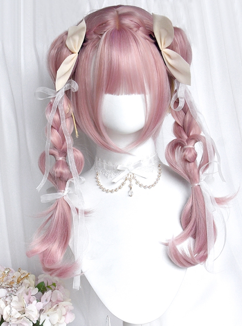 Sweetie Pie Series Daily Purple Pink Cute Girl Twin Ponytails Sweet Lolita Flat Bangs Micro Roll Full Head Wig