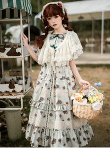 Elegant Light Green Farmhouse Floral Red Floral Girl Round Neckline Classic Lolita Shirred Puff Sleeves Dress Scarf Set