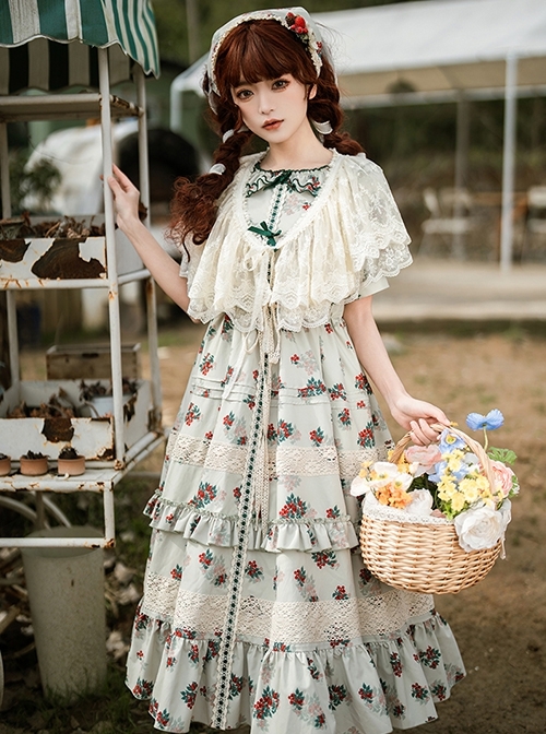 Elegant Light Green Farmhouse Floral Red Floral Girl Round Neckline Classic Lolita Shirred Puff Sleeves Dress Scarf Set