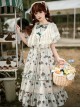 Elegant Light Green Farmhouse Floral Red Floral Girl Round Neckline Classic Lolita Shirred Puff Sleeves Dress Scarf Set