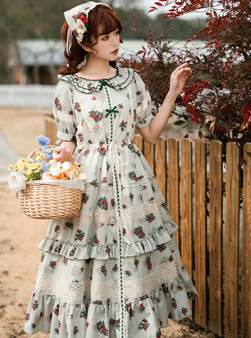 Elegant Light Green Farmhouse Floral Red Floral Girl Round Neckline Classic Lolita Shirred Puff Sleeves Dress Scarf Set