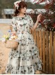 Elegant Light Green Farmhouse Floral Red Floral Girl Round Neckline Classic Lolita Shirred Puff Sleeves Dress Scarf Set