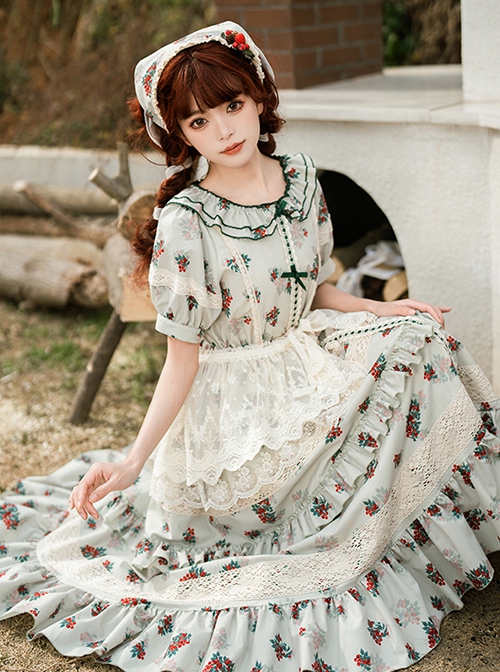 Elegant Light Green Farmhouse Floral Red Floral Girl Round Neckline Classic Lolita Shirred Puff Sleeves Dress Scarf Set