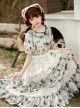 Elegant Light Green Farmhouse Floral Red Floral Girl Round Neckline Classic Lolita Shirred Puff Sleeves Dress Scarf Set