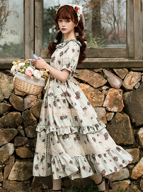 Elegant Light Green Farmhouse Floral Red Floral Girl Round Neckline Classic Lolita Shirred Puff Sleeves Dress Scarf Set