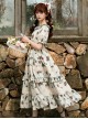 Elegant Light Green Farmhouse Floral Red Floral Girl Round Neckline Classic Lolita Shirred Puff Sleeves Dress Scarf Set