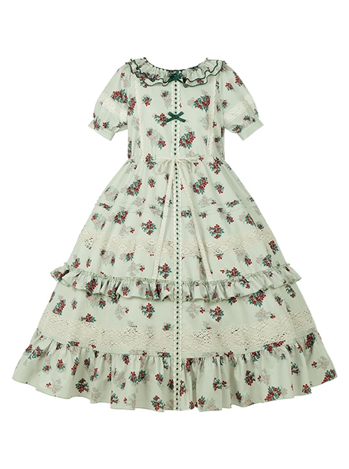 Elegant Light Green Farmhouse Floral Red Floral Girl Round Neckline Classic Lolita Shirred Puff Sleeves Dress Scarf Set