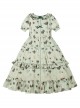 Elegant Light Green Farmhouse Floral Red Floral Girl Round Neckline Classic Lolita Shirred Puff Sleeves Dress Scarf Set