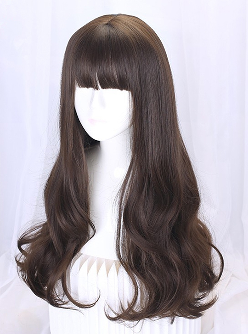 Japanese Style Simple Daily Commute Long Roll Hair Flat Bangs Sweet Lolita Cute Full Head Wig