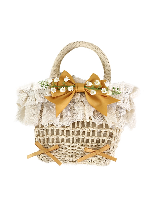 Fresh Natural Pastoral Style Lace Bowknot Beautiful Bell Orchid Flowers Classic Lolita Handmade Wicker Basket Crossbody Bag