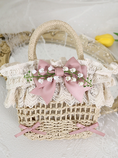 Fresh Natural Pastoral Style Lace Bowknot Beautiful Bell Orchid Flowers Classic Lolita Handmade Wicker Basket Crossbody Bag