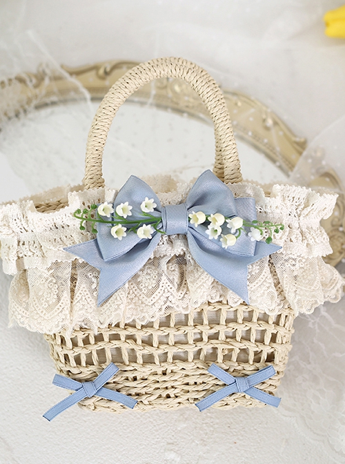 Fresh Natural Pastoral Style Lace Bowknot Beautiful Bell Orchid Flowers Classic Lolita Handmade Wicker Basket Crossbody Bag