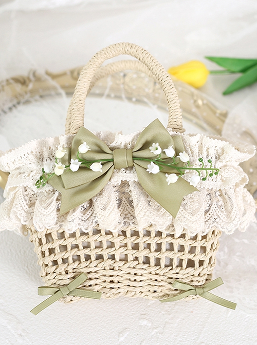 Fresh Natural Pastoral Style Lace Bowknot Beautiful Bell Orchid Flowers Classic Lolita Handmade Wicker Basket Crossbody Bag