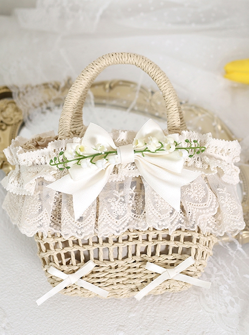 Fresh Natural Pastoral Style Lace Bowknot Beautiful Bell Orchid Flowers Classic Lolita Handmade Wicker Basket Crossbody Bag