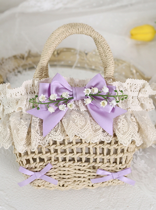 Fresh Natural Pastoral Style Lace Bowknot Beautiful Bell Orchid Flowers Classic Lolita Handmade Wicker Basket Crossbody Bag