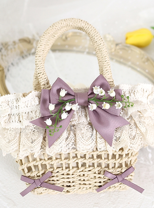 Fresh Natural Pastoral Style Lace Bowknot Beautiful Bell Orchid Flowers Classic Lolita Handmade Wicker Basket Crossbody Bag