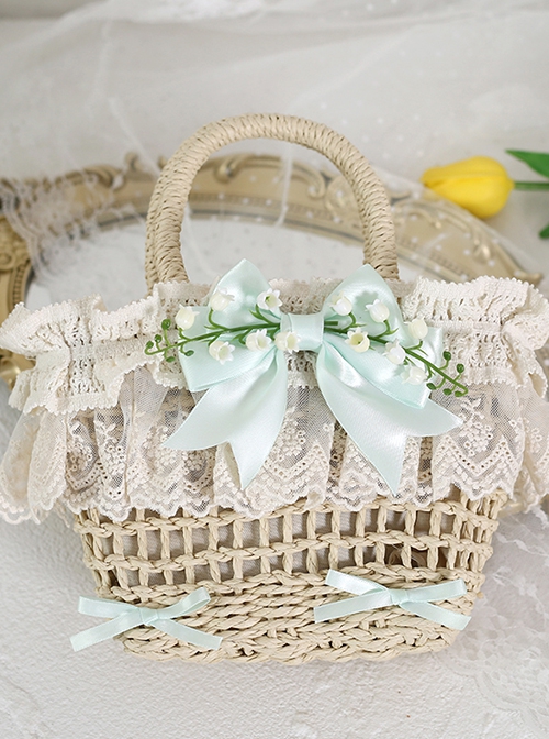 Fresh Natural Pastoral Style Lace Bowknot Beautiful Bell Orchid Flowers Classic Lolita Handmade Wicker Basket Crossbody Bag