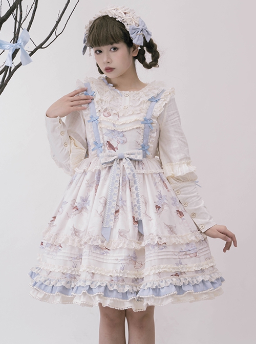 Deer Bell Maiden Series Blue White Vintage Lace Trim Bowknot Elegant Animal Print Classic Lolita Sleeveless Dress JSK